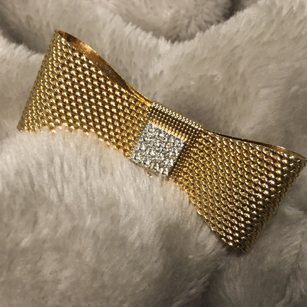 Gold color Bow pin/brooch with CZ